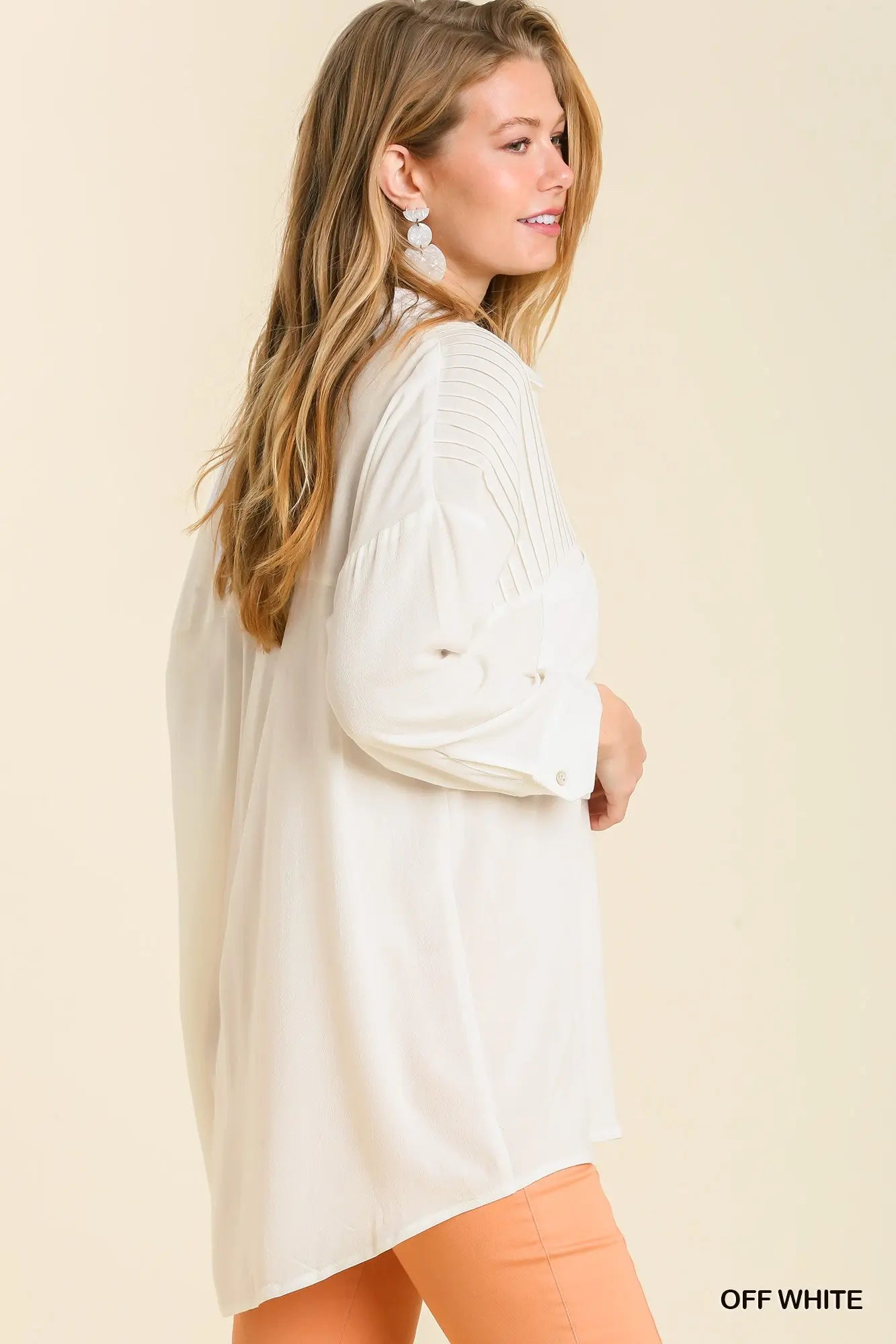 Off White Pleated Button Tunic Top