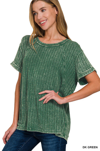 Dark Green Ribbed Acid Wash Top
