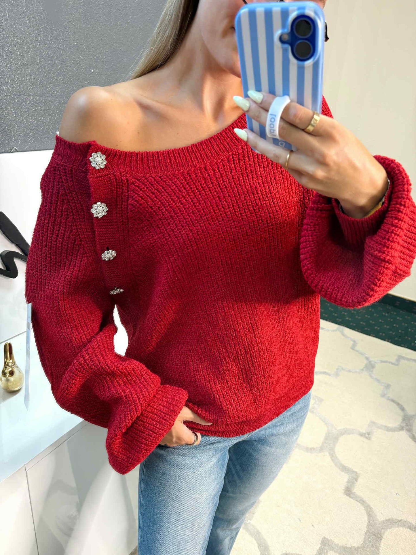 Red Flower Button Sweater