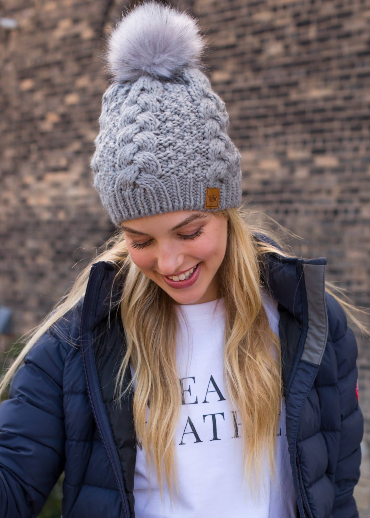 Grey Cable Knit Pom Hat