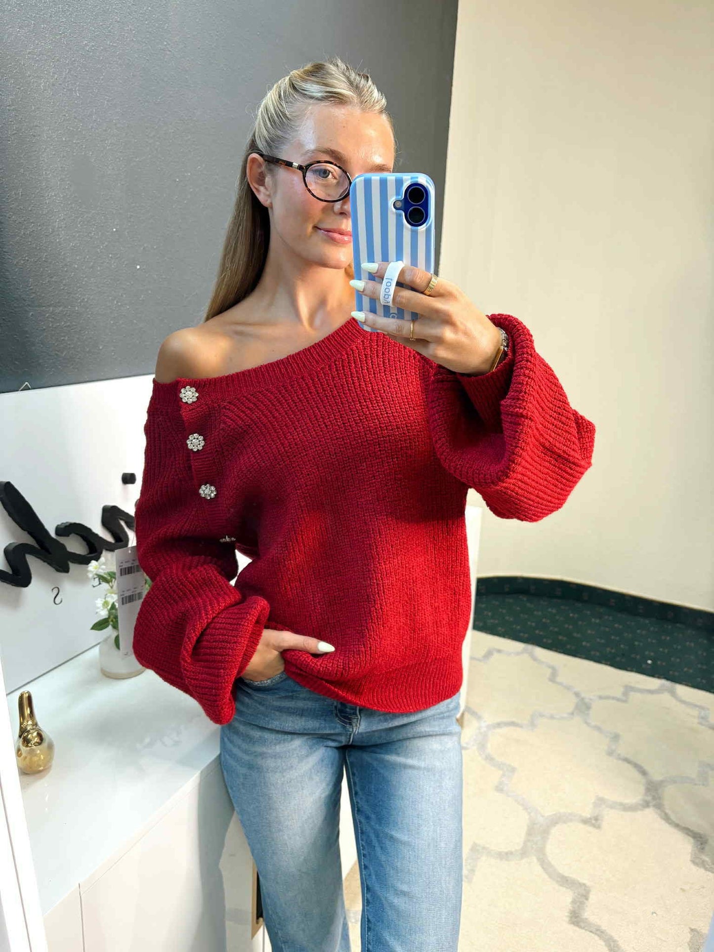 Red Flower Button Sweater