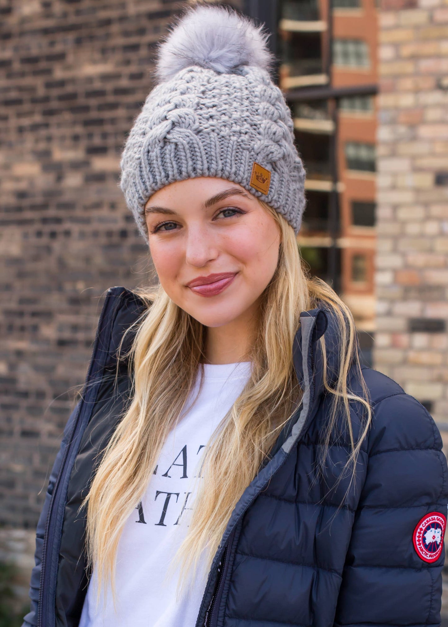 Grey Cable Knit Pom Hat