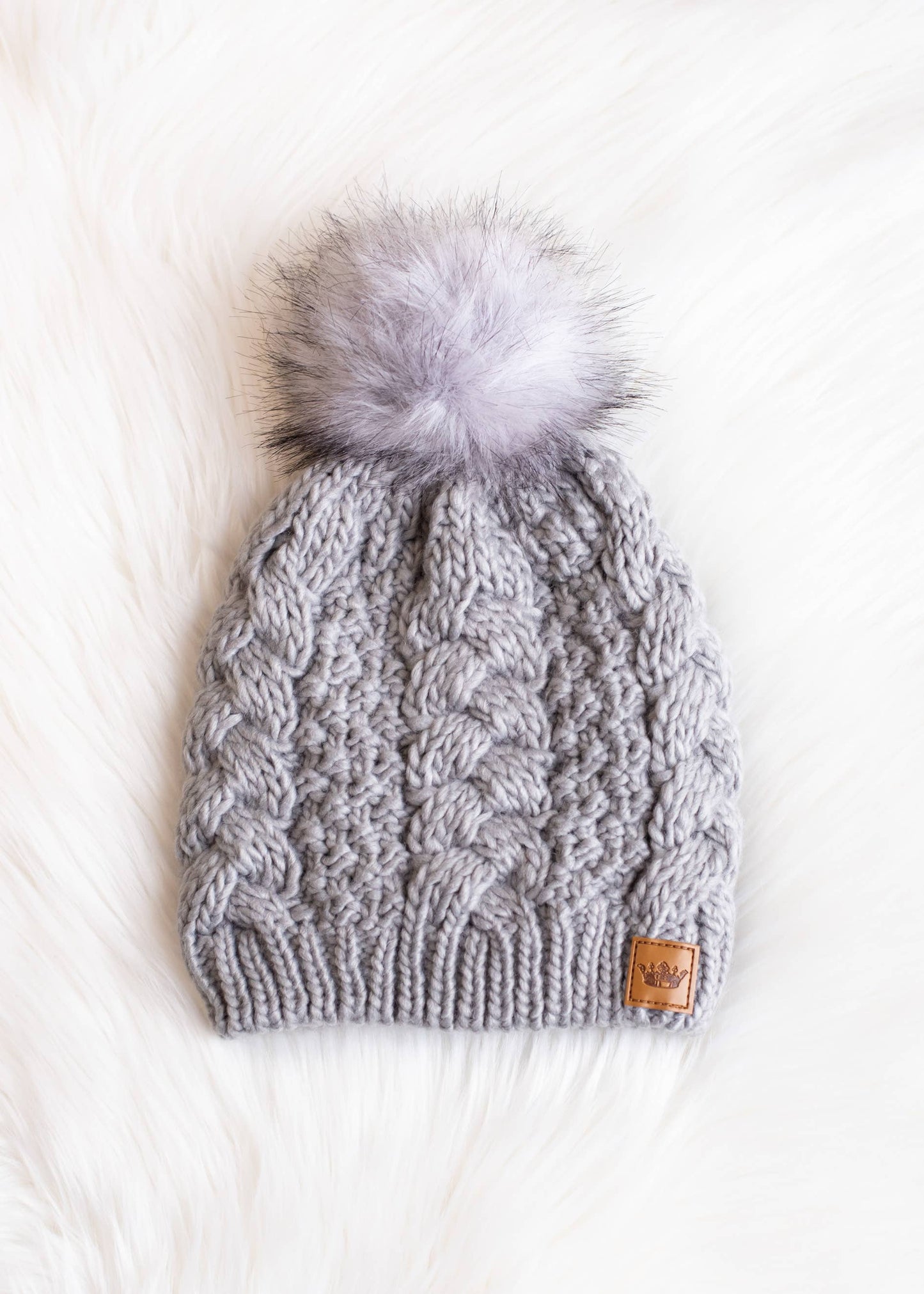 Grey Cable Knit Pom Hat