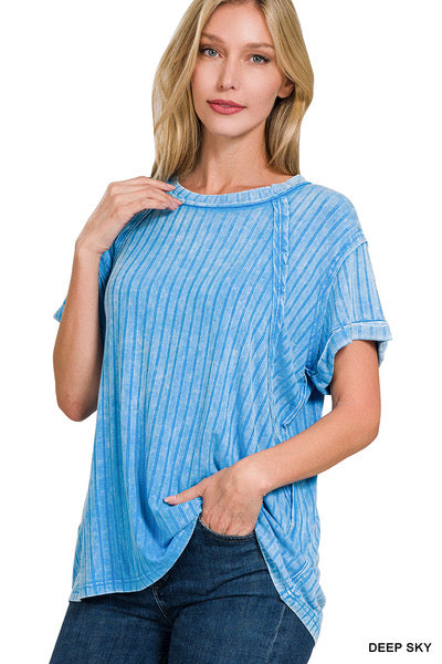 Blue Sky Ribbed Acid Wash Top