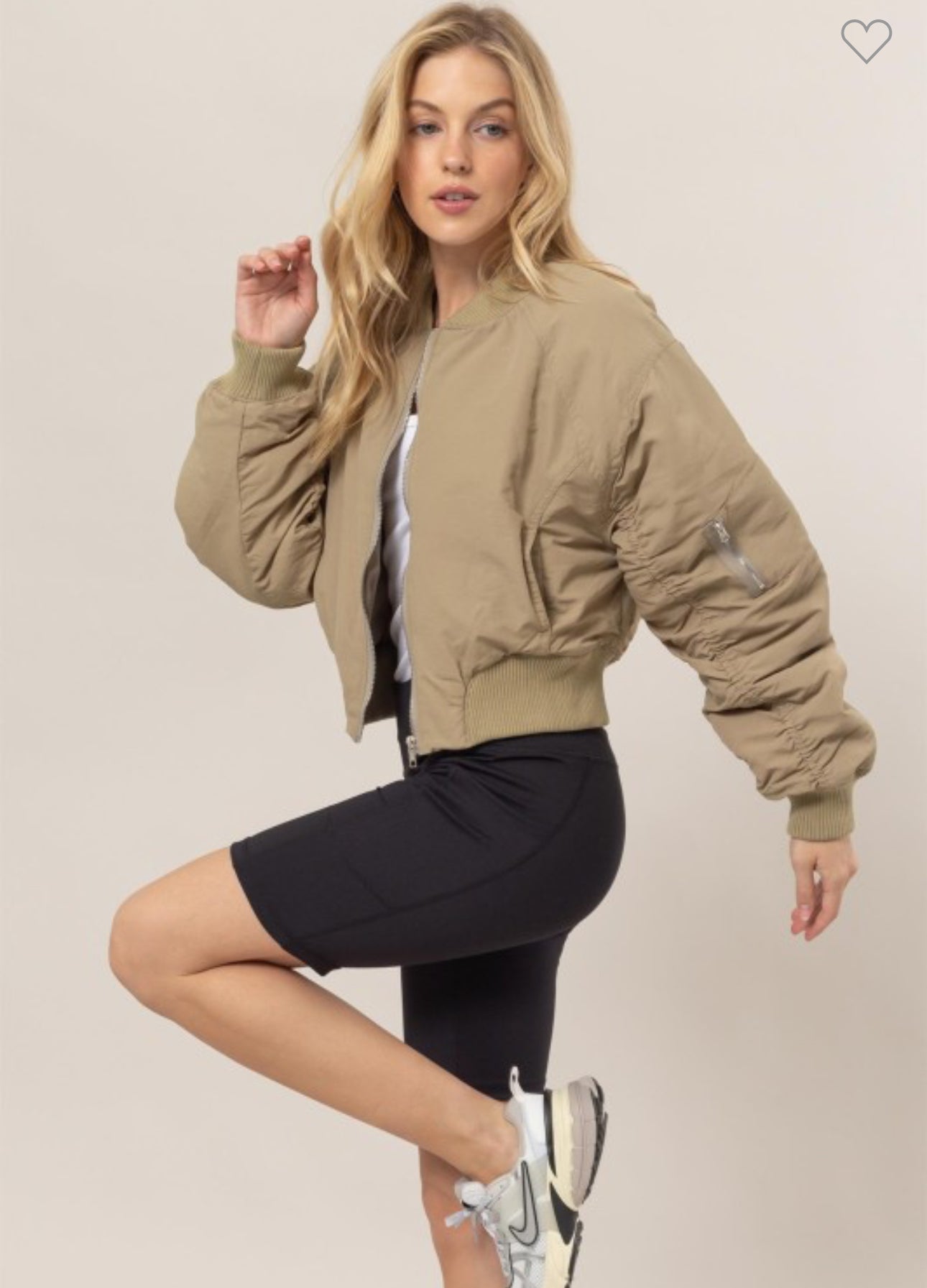 Olive Ruched Bomber Puffer Jacket