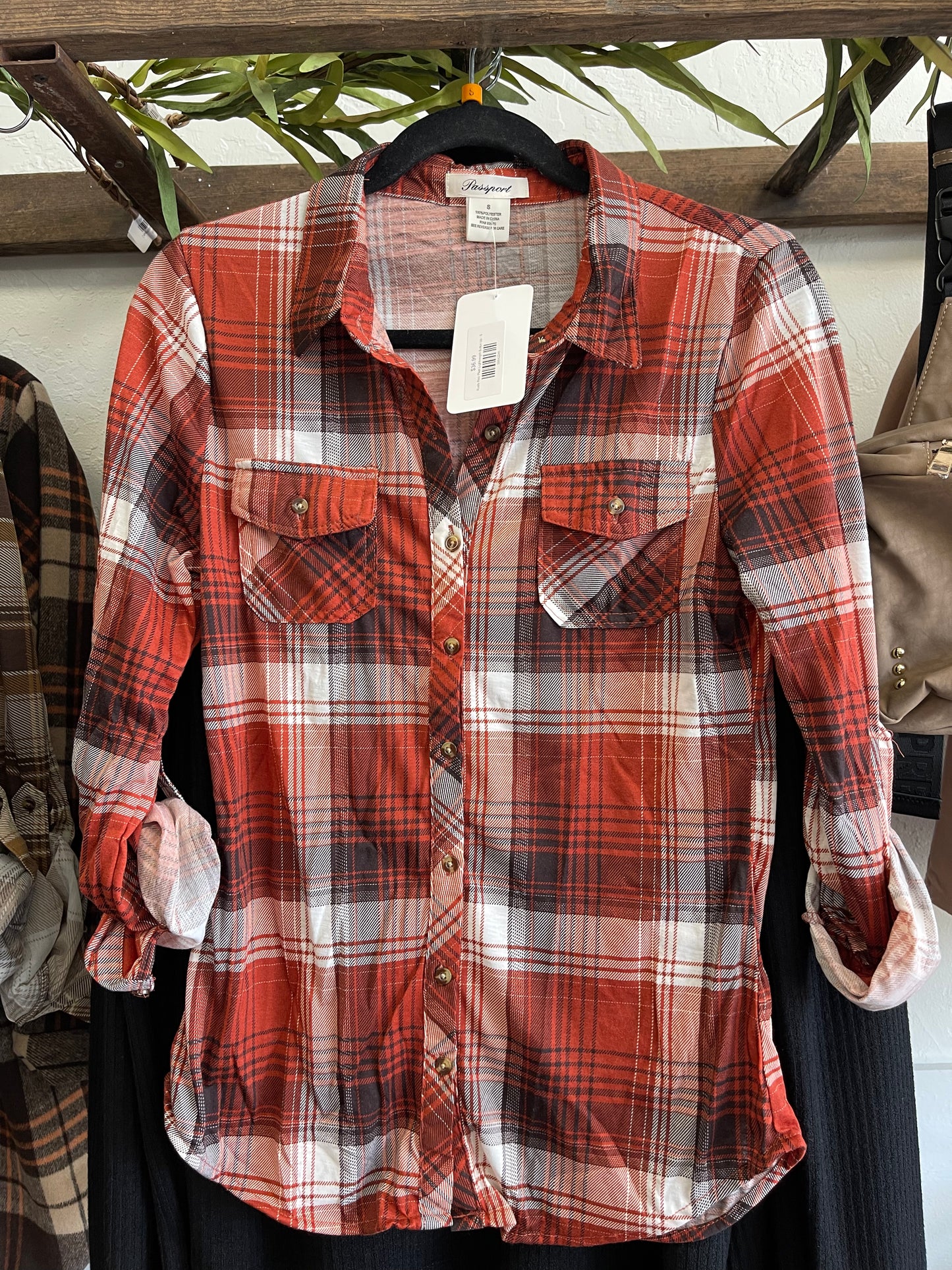 Tan Red Plaid Lightweight Button Up