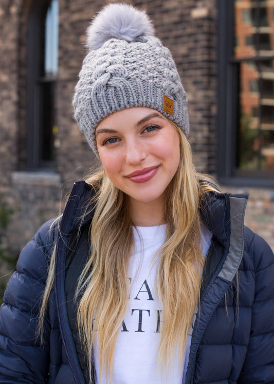 Grey Cable Knit Pom Hat