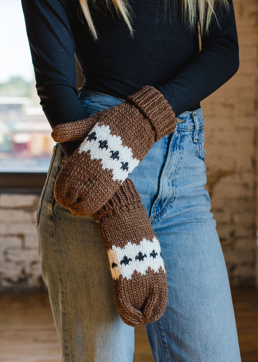 Brown Patterned Knit Mittens