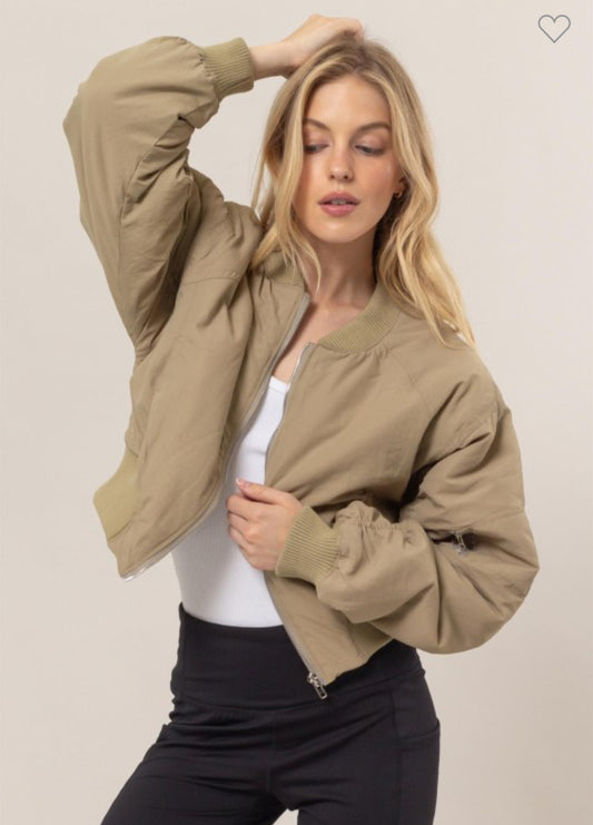 Olive Ruched Bomber Puffer Jacket