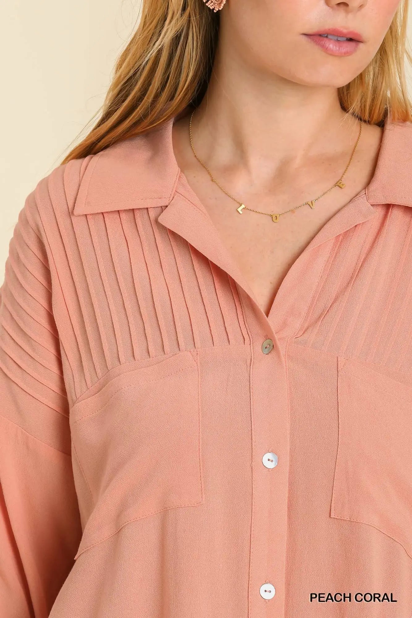 Peach Coral Pleated Button Tunic Top