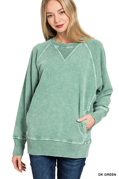 Dark Green Acid Wash Pocket Pullover
