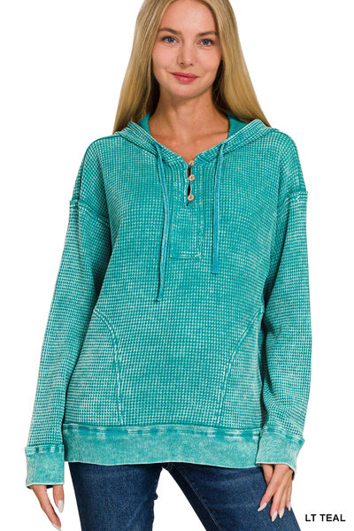 Light Teal Washed Waffle Hooded Top