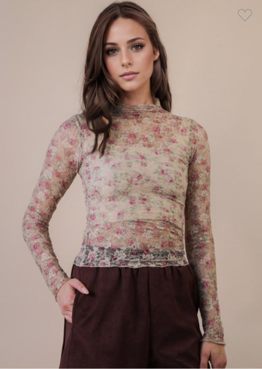 Beige Floral Mesh Top
