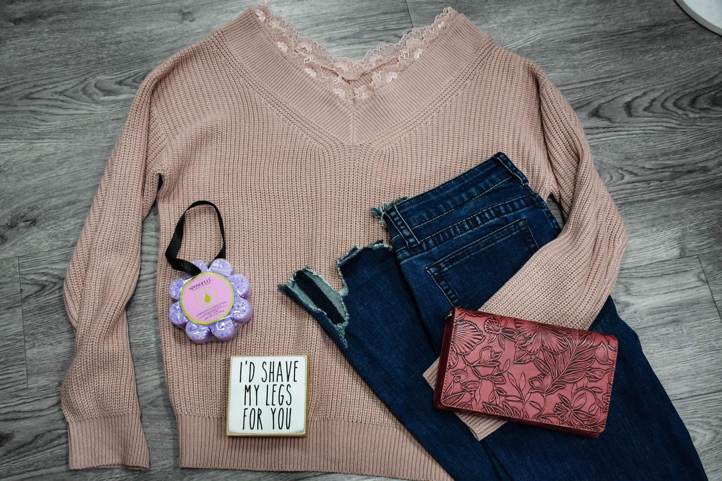 Mauve V Neck Lace Trim Sweater