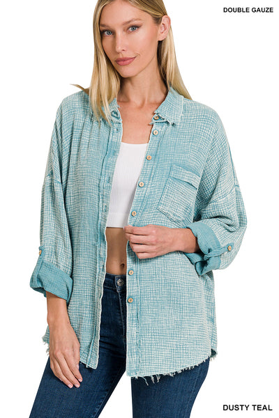 Dusty Teal Guaze Button Down Top