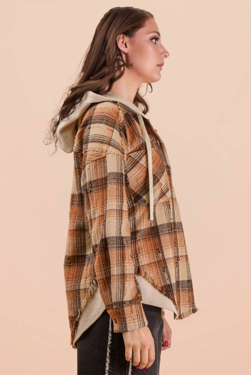 Oversized Flannel Hooded Button Down Jacket