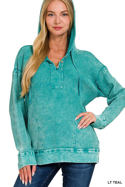 Light Teal Washed Waffle Hooded Top