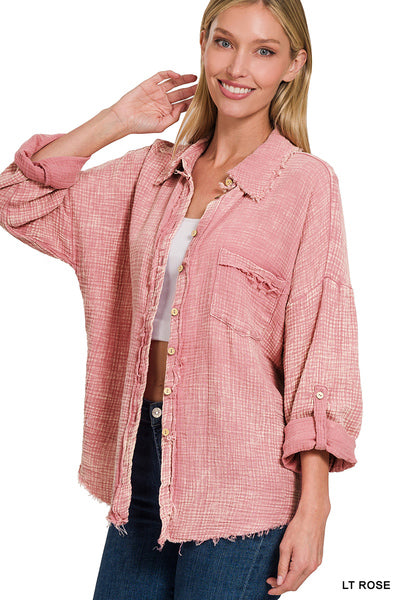 Lt Rose Guaze Button Down Top