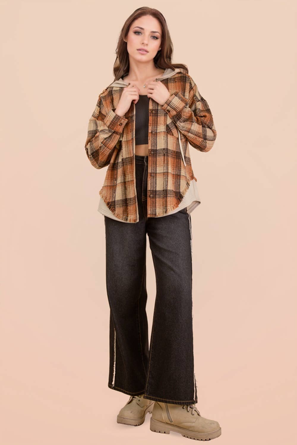 Oversized Flannel Hooded Button Down Jacket