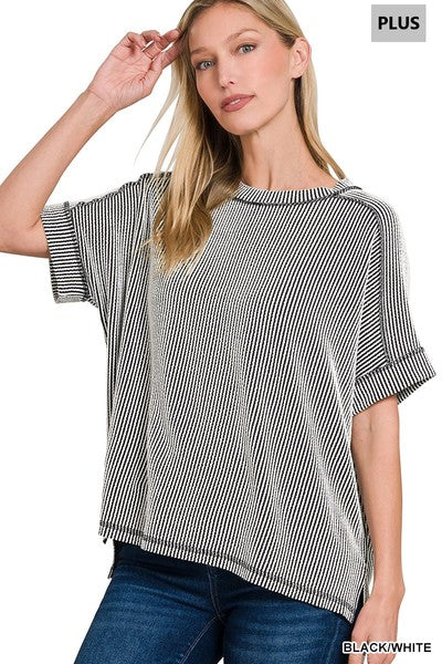Black White Rib Cuffed Top