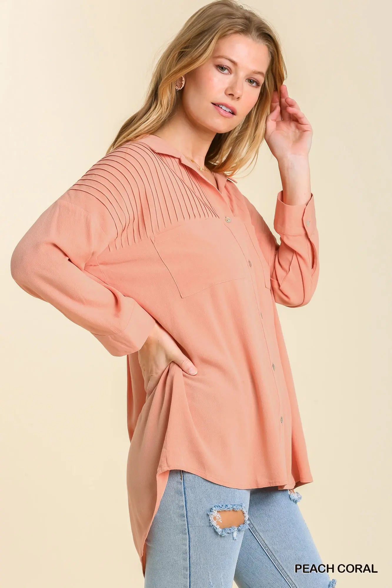 Peach Coral Pleated Button Tunic Top