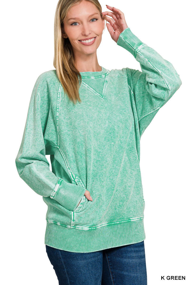 Kelly Green Acid Wash Pocket Pullover