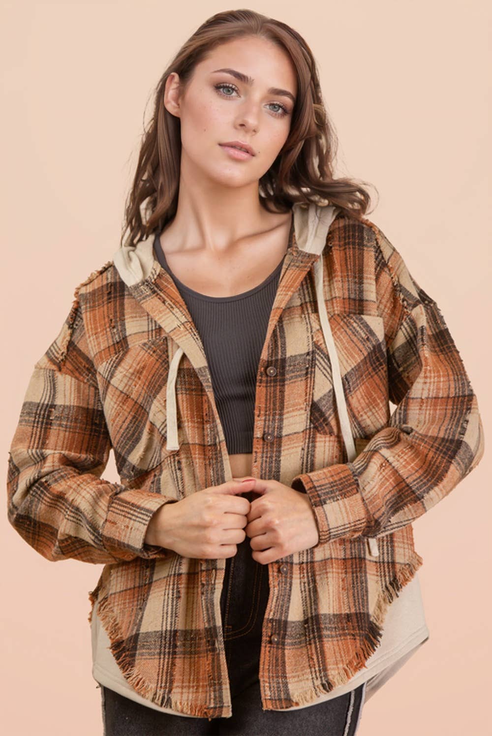 Oversized Flannel Hooded Button Down Jacket