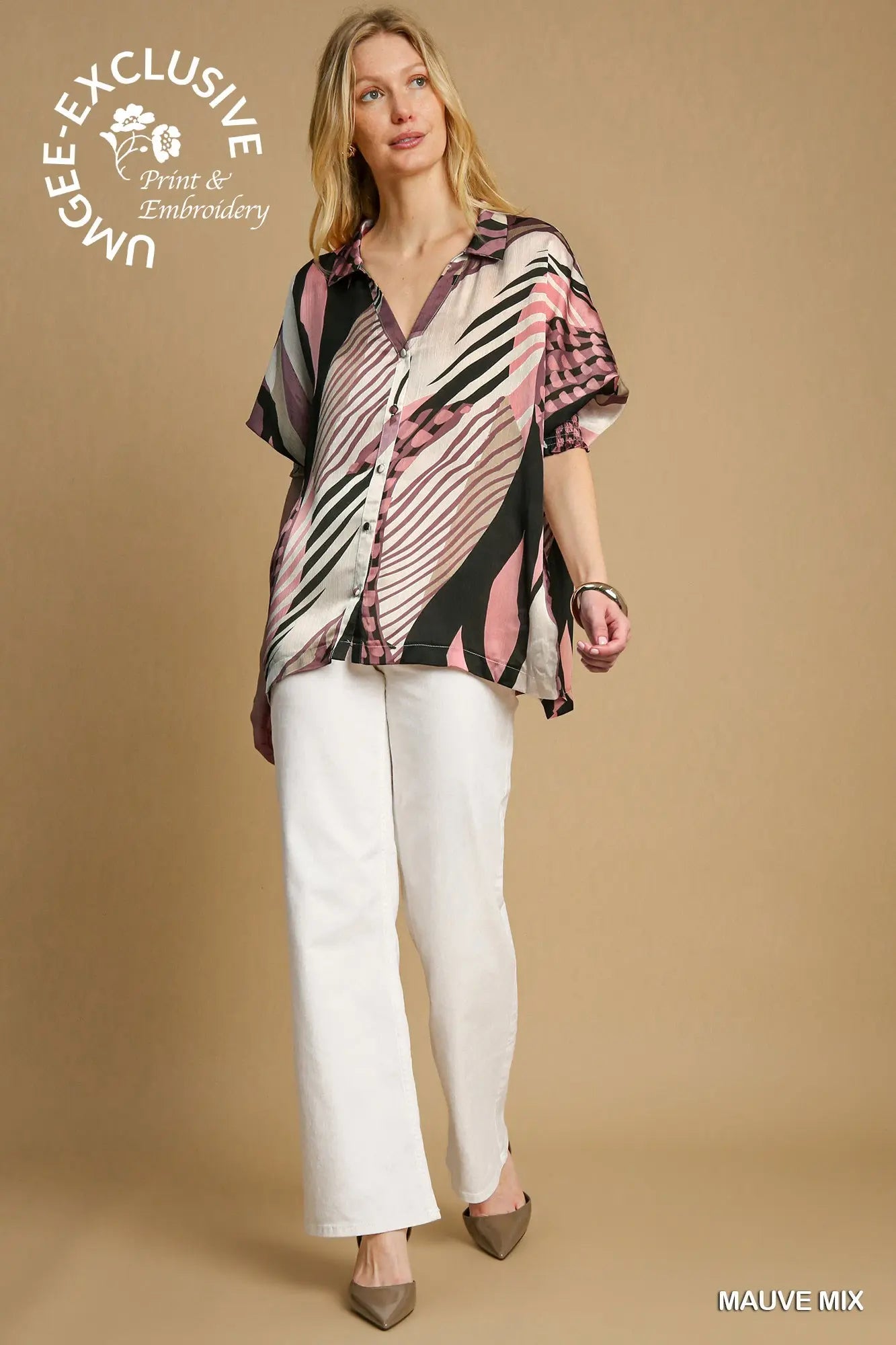 Mauve Print Button Blouse Top