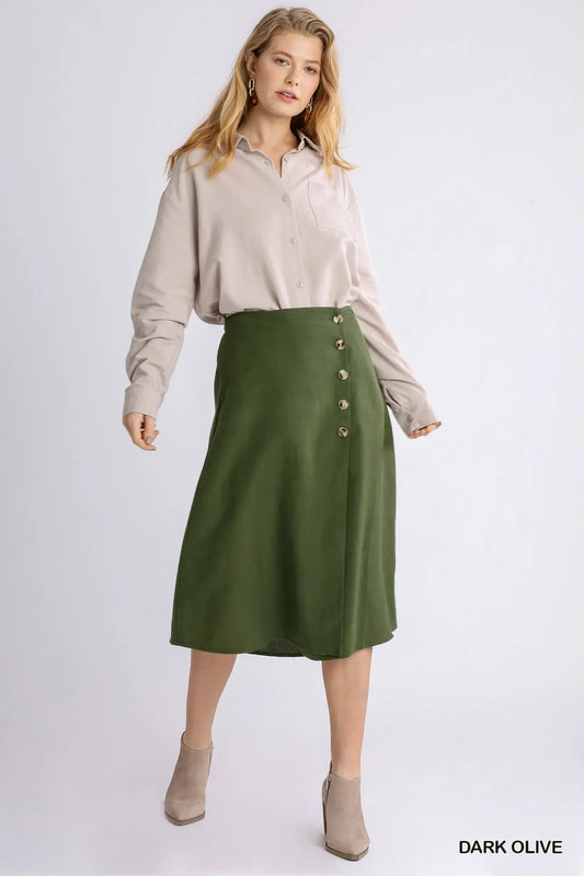 Olive Midi Button Wrap Skirt