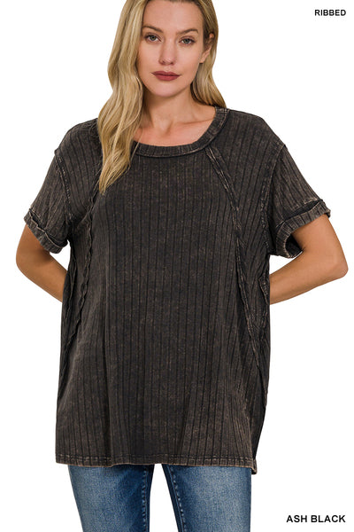 Ash Black Ribbed Acid Wash Top