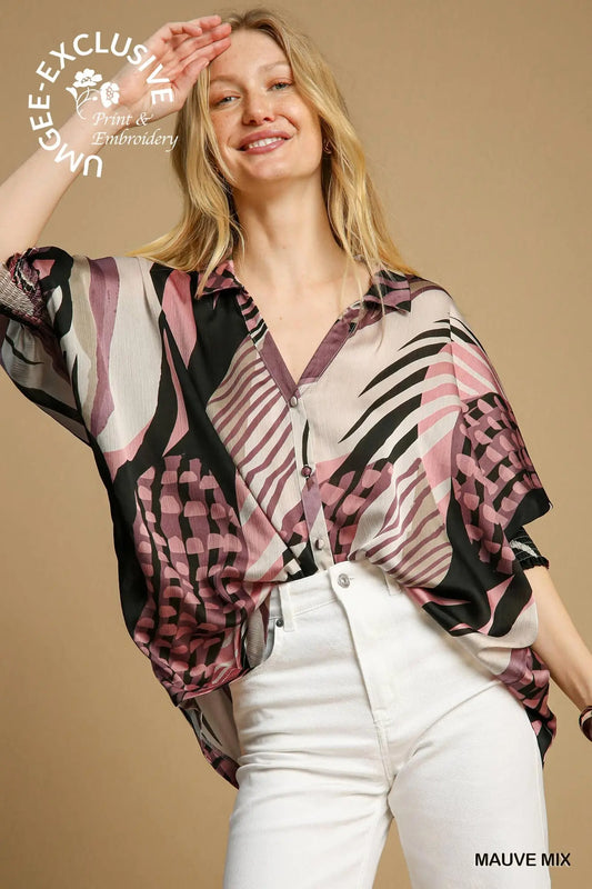 Mauve Print Button Blouse Top