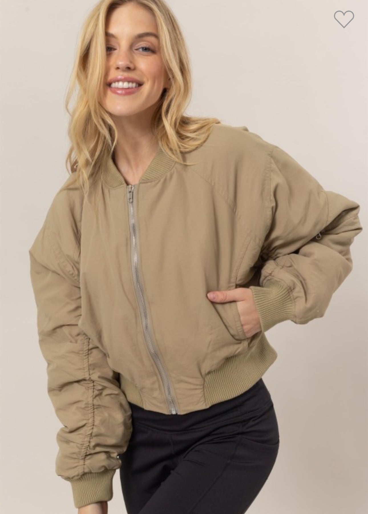 Olive Ruched Bomber Puffer Jacket