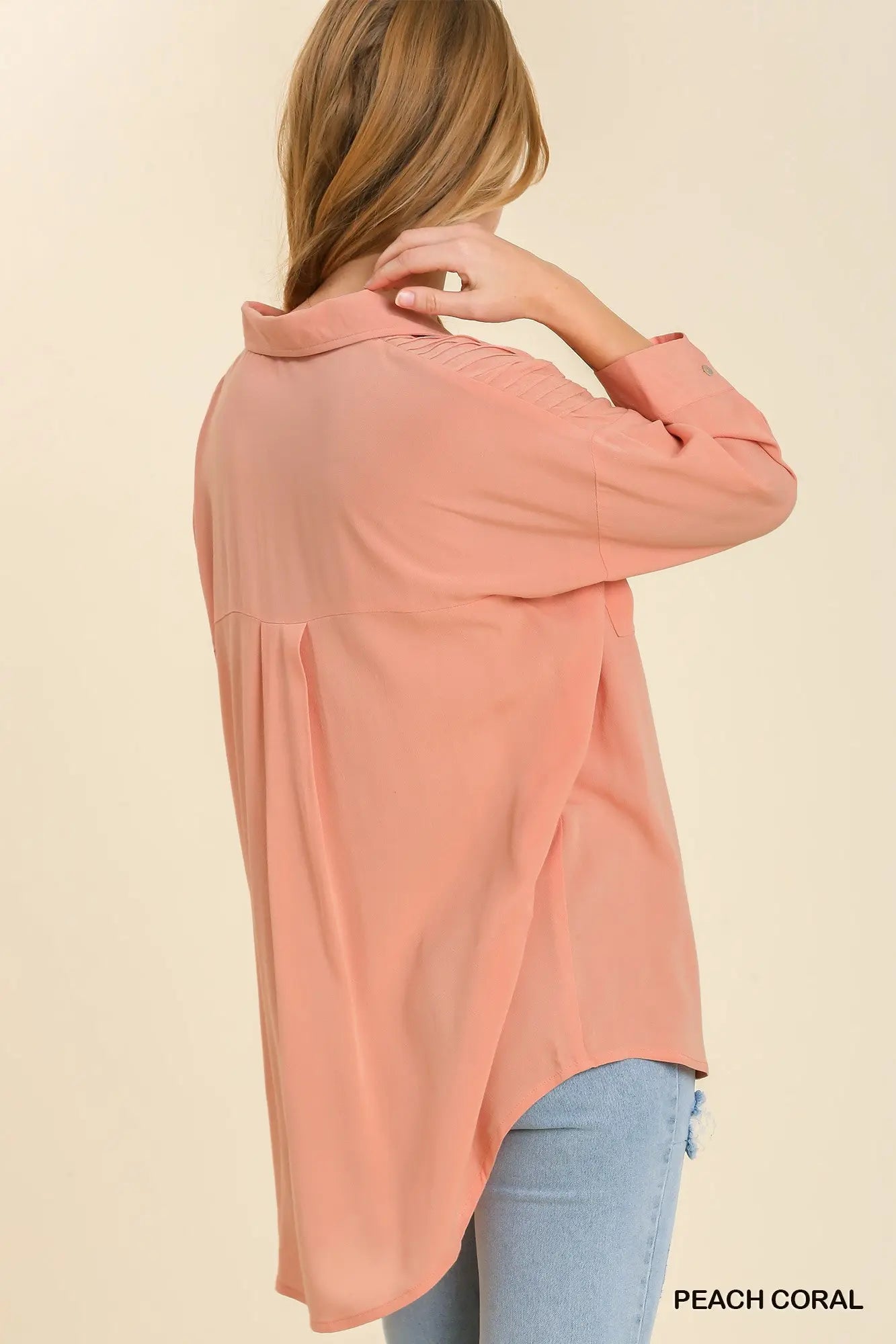 Peach Coral Pleated Button Tunic Top