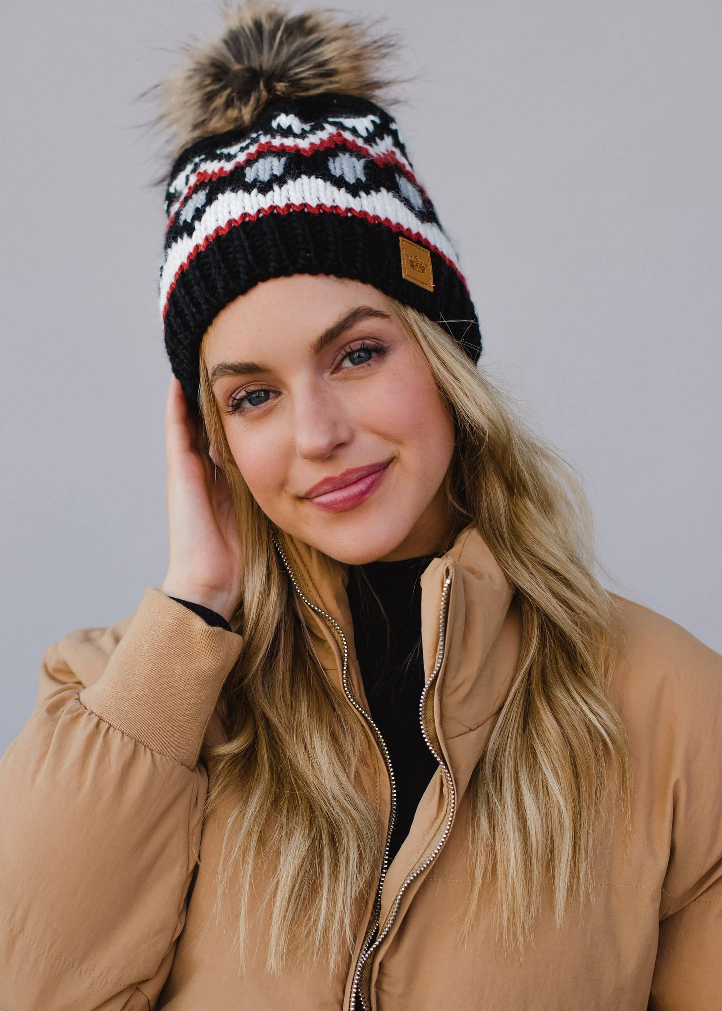 Black, White & Rust Patterned Pom Hat