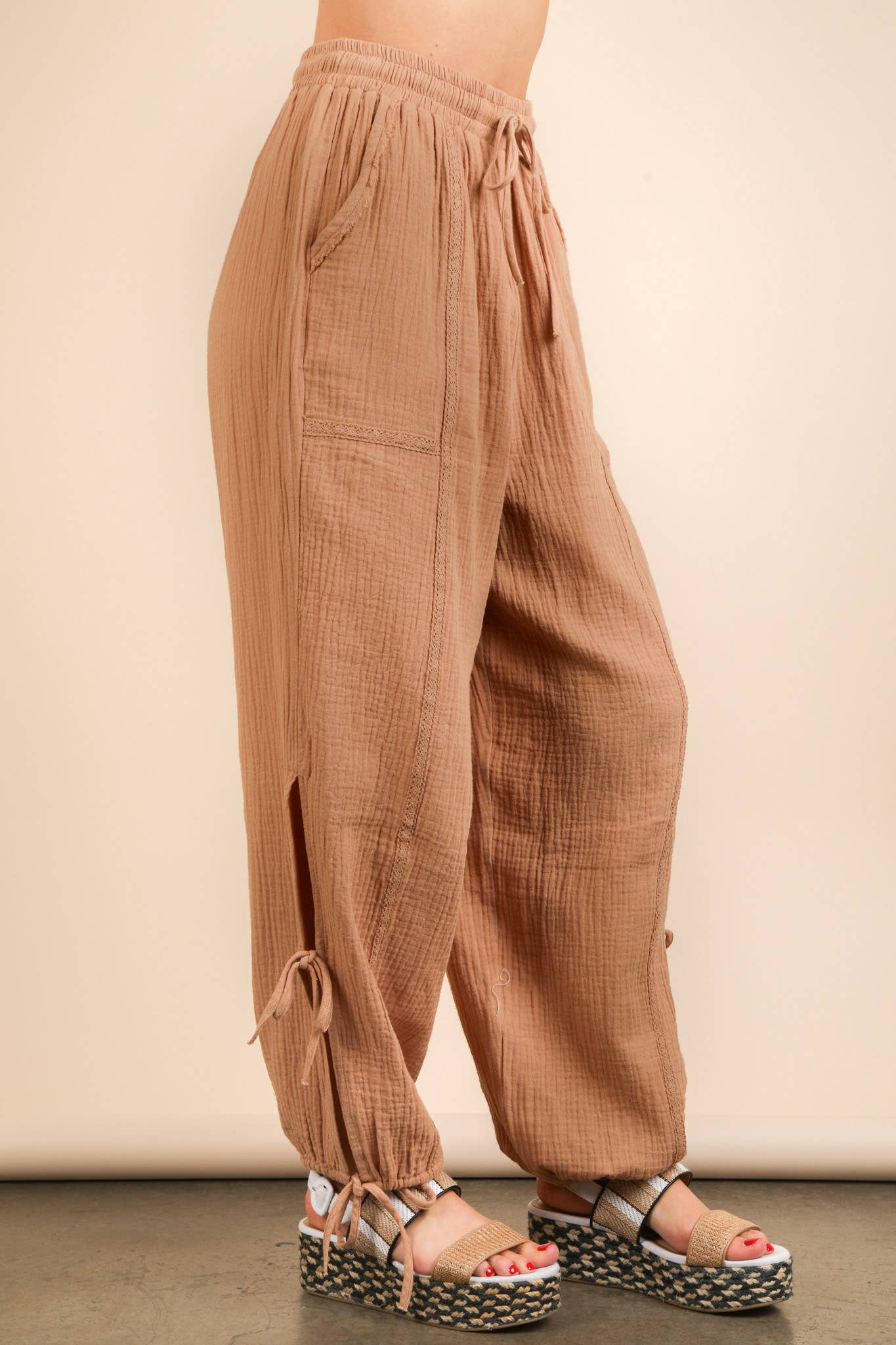 Taupe Side Tunnel Harem Pants with Lace Trim Detail