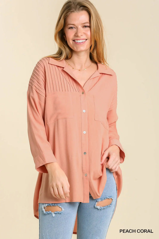 Peach Coral Pleated Button Tunic Top