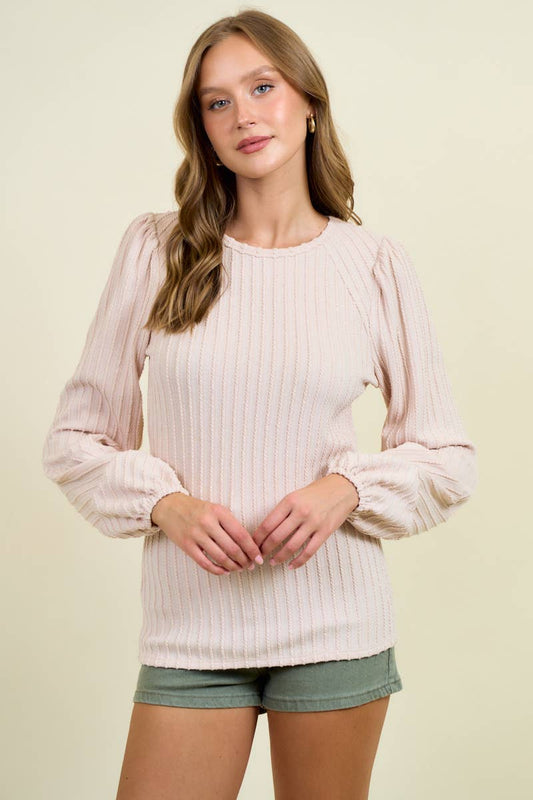 ROUND NECK BUBBLE LONG SLEEVE TEXTURED KNIT TOP