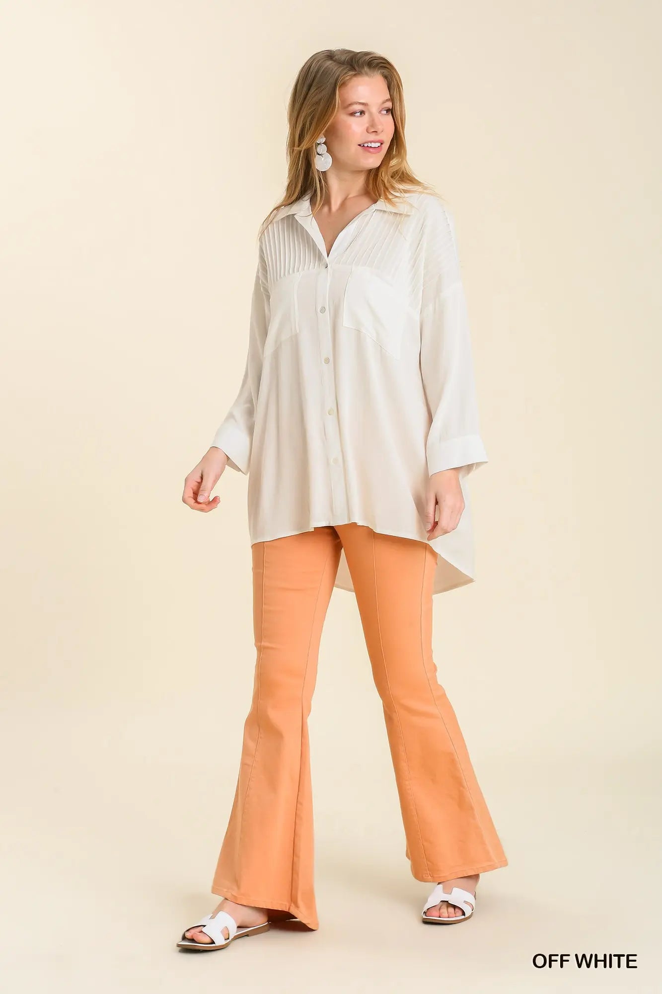 Off White Pleated Button Tunic Top