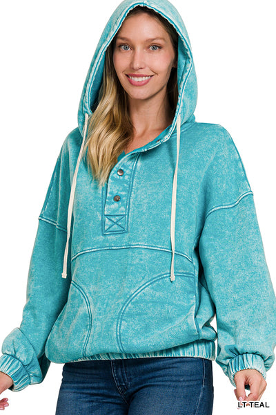 Light Teal Acid Wash Pocket Hoodie