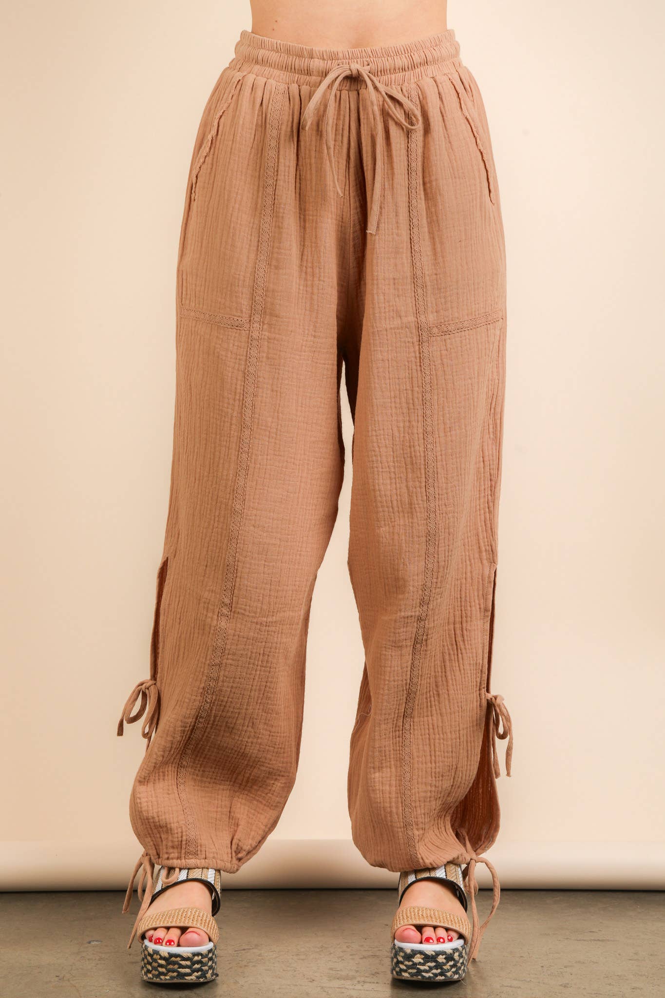 Taupe Side Tunnel Harem Pants with Lace Trim Detail