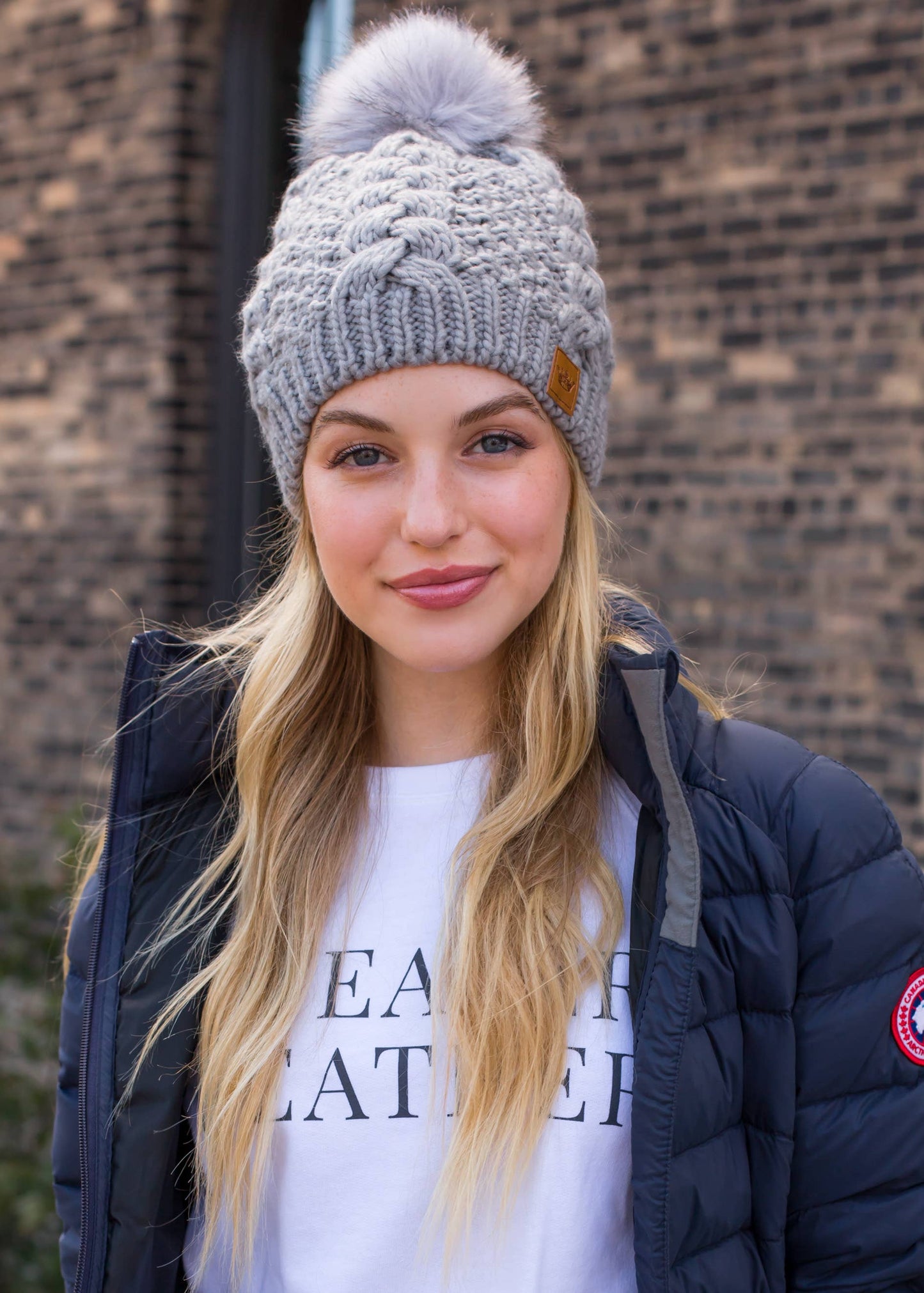 Grey Cable Knit Pom Hat