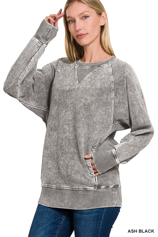 Ash Black Acid Wash Pocket Pullover