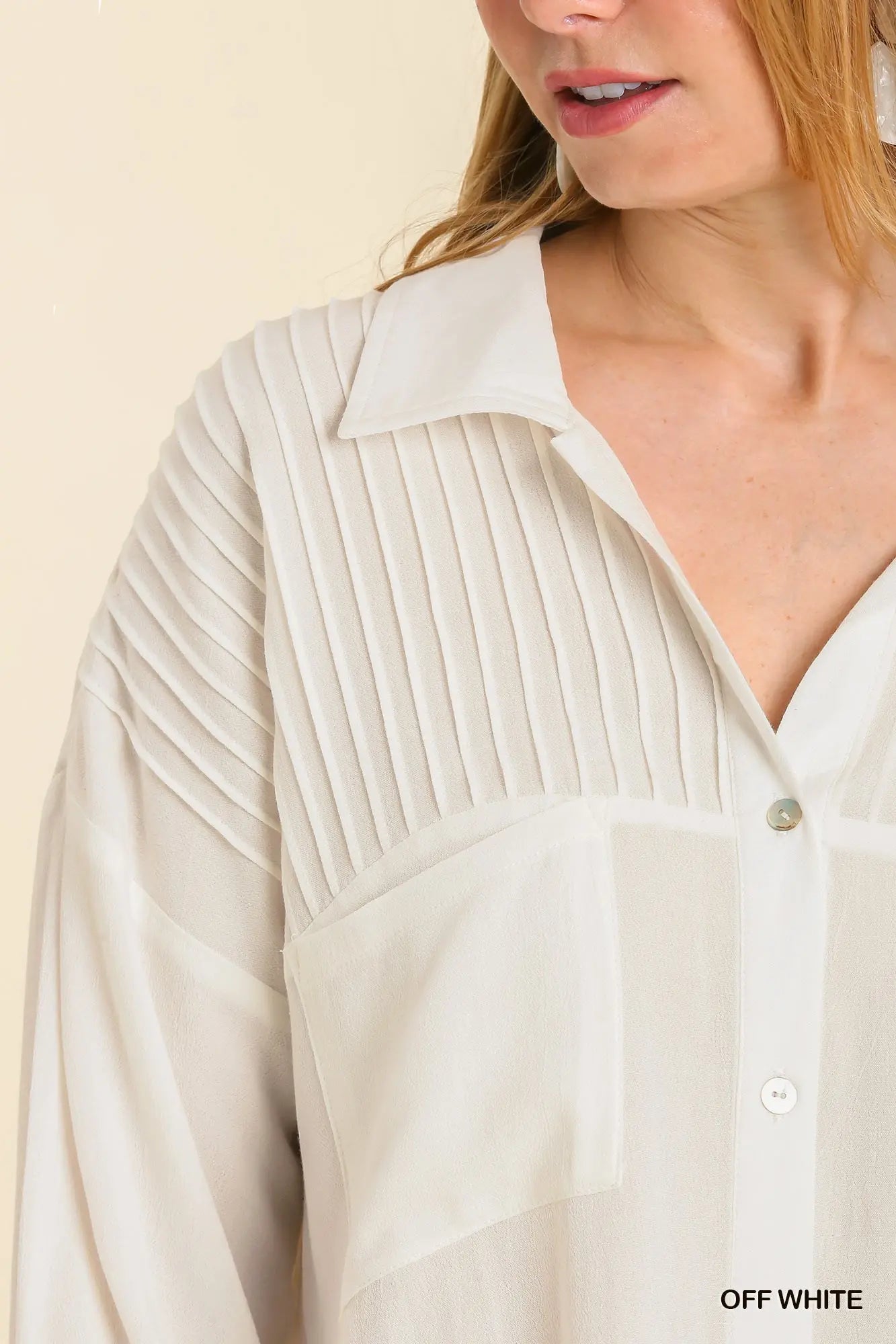 Off White Pleated Button Tunic Top
