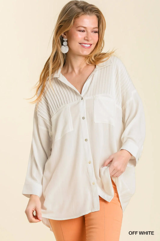 Off White Pleated Button Tunic Top