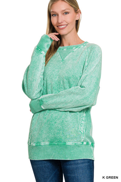Kelly Green Acid Wash Pocket Pullover