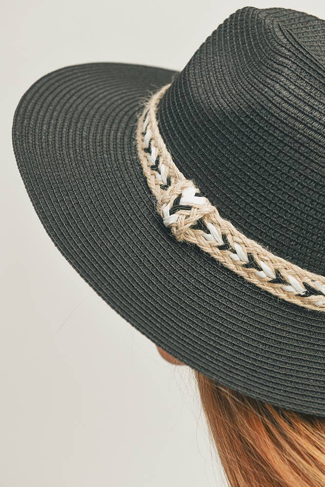 Black and White Braided Jute Band Panama Hat: Black