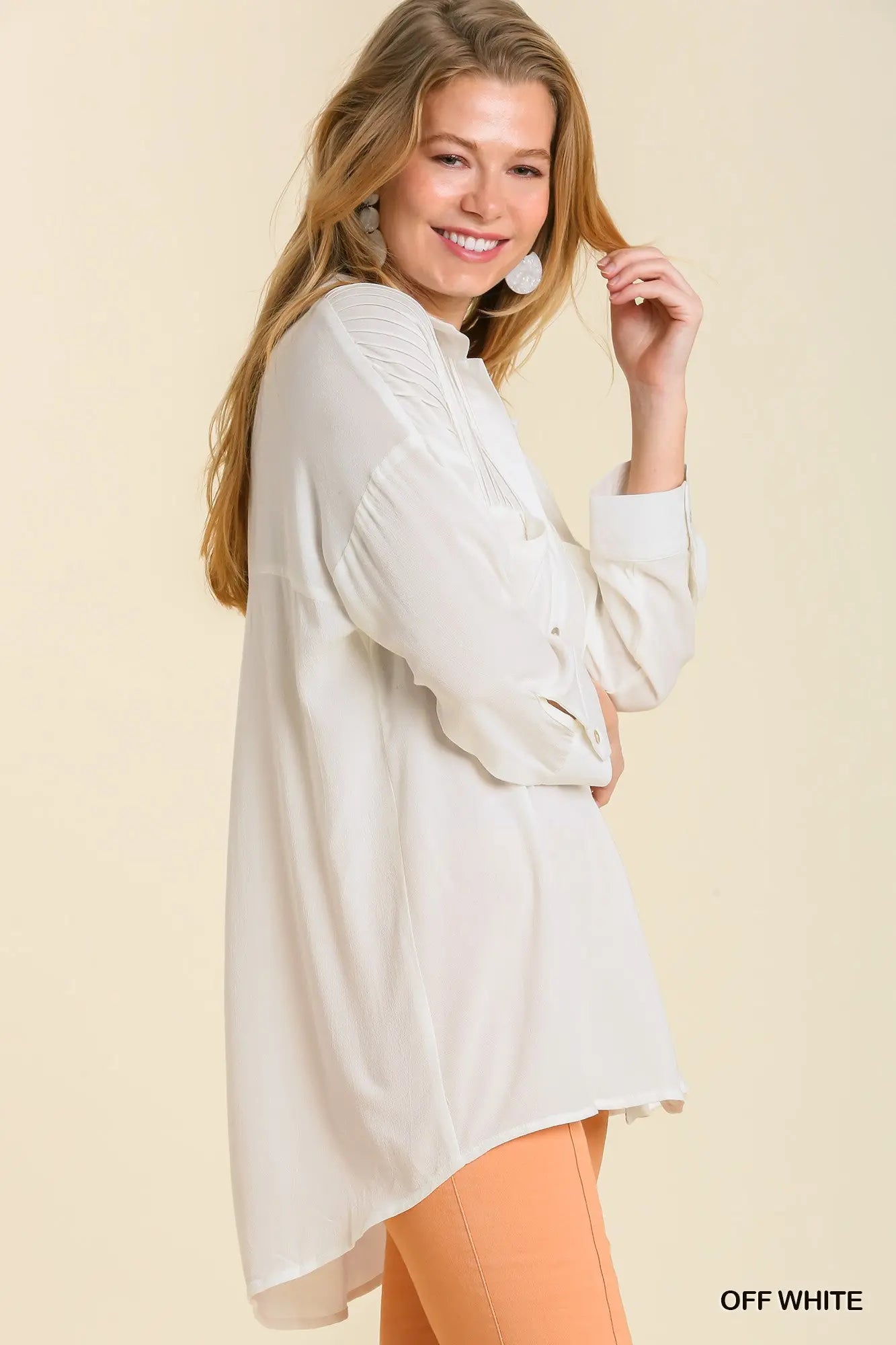 Off White Pleated Button Tunic Top