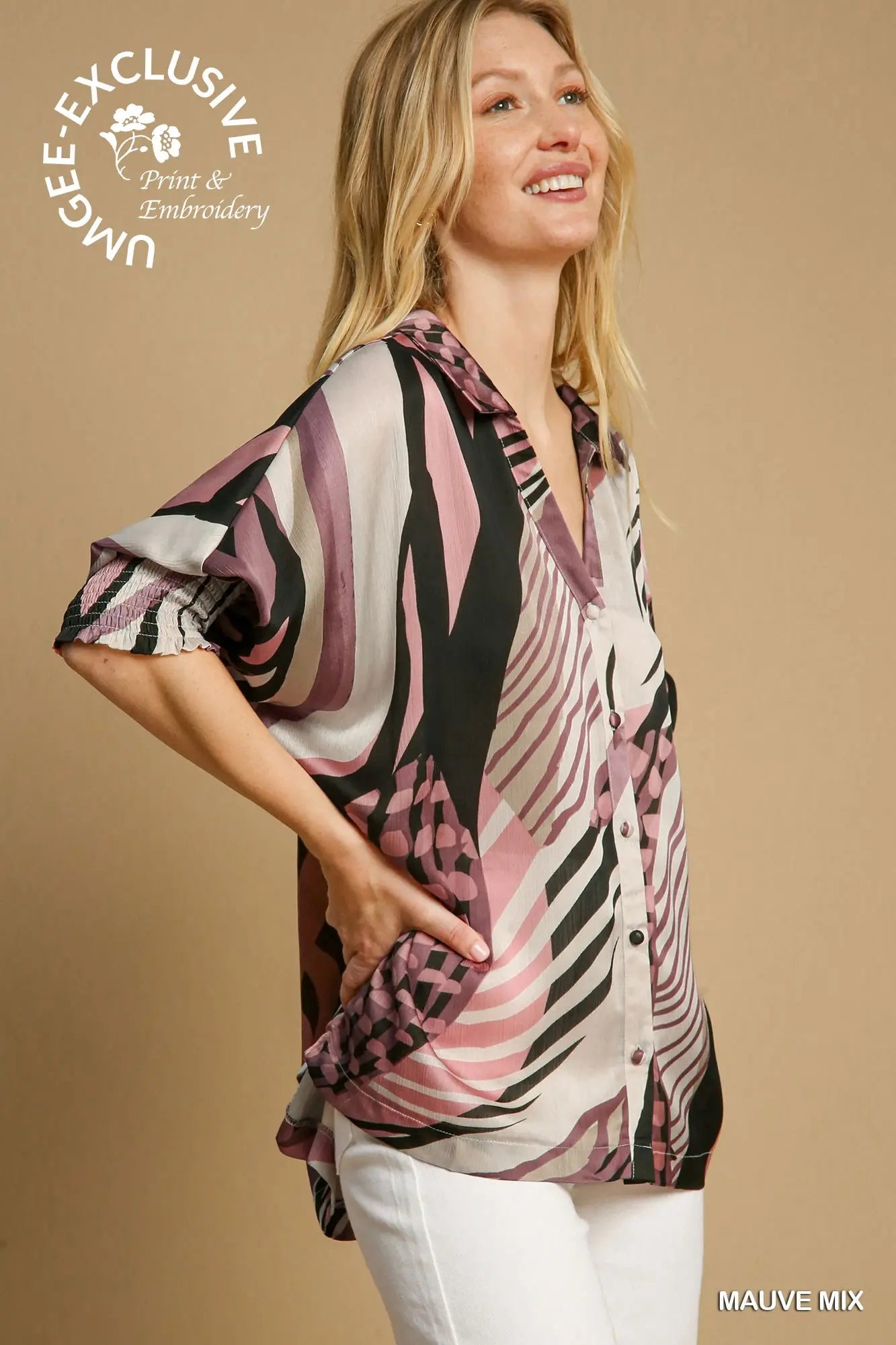 Mauve Print Button Blouse Top