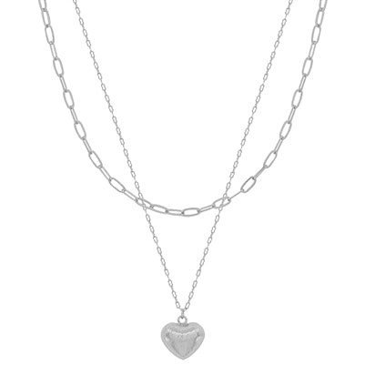 Silver Textured Heart Layered Necklace