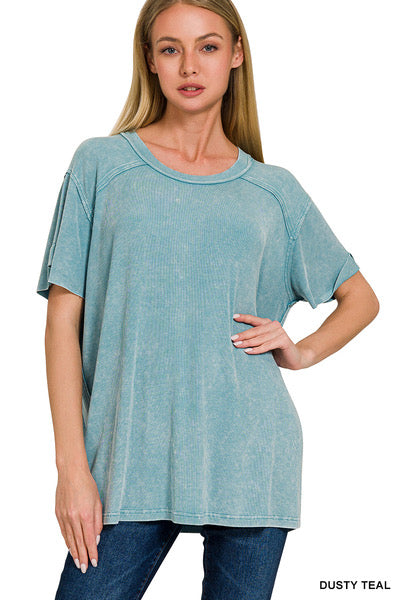 Dusty Teal Ribbed Short Sleeve Top